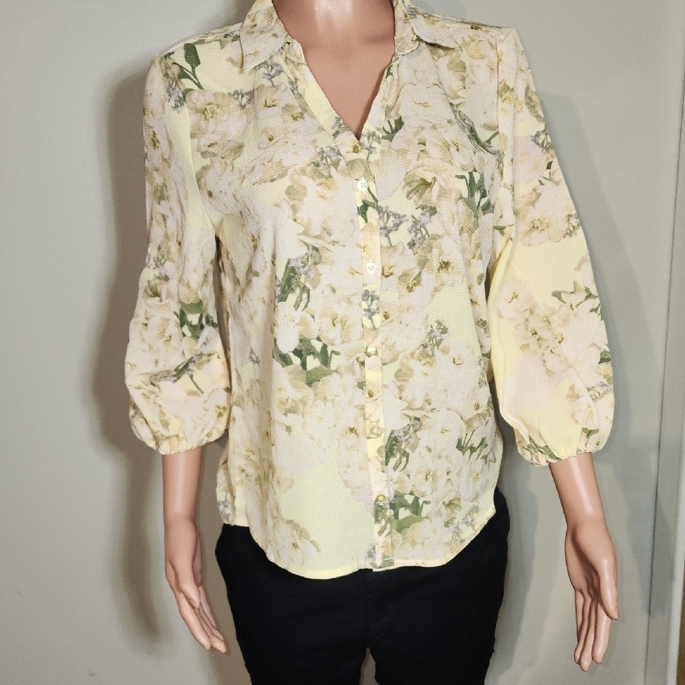 Elegant Floral Blouse - Cream and Green - Picture 3 of 11